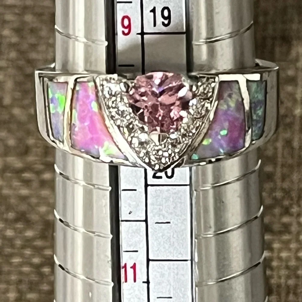 TRILLION-CUT SHIMMERY PINK OPAL-ACCENT PRE-LOVED AUTHENTIC BRASS-PLATED RING